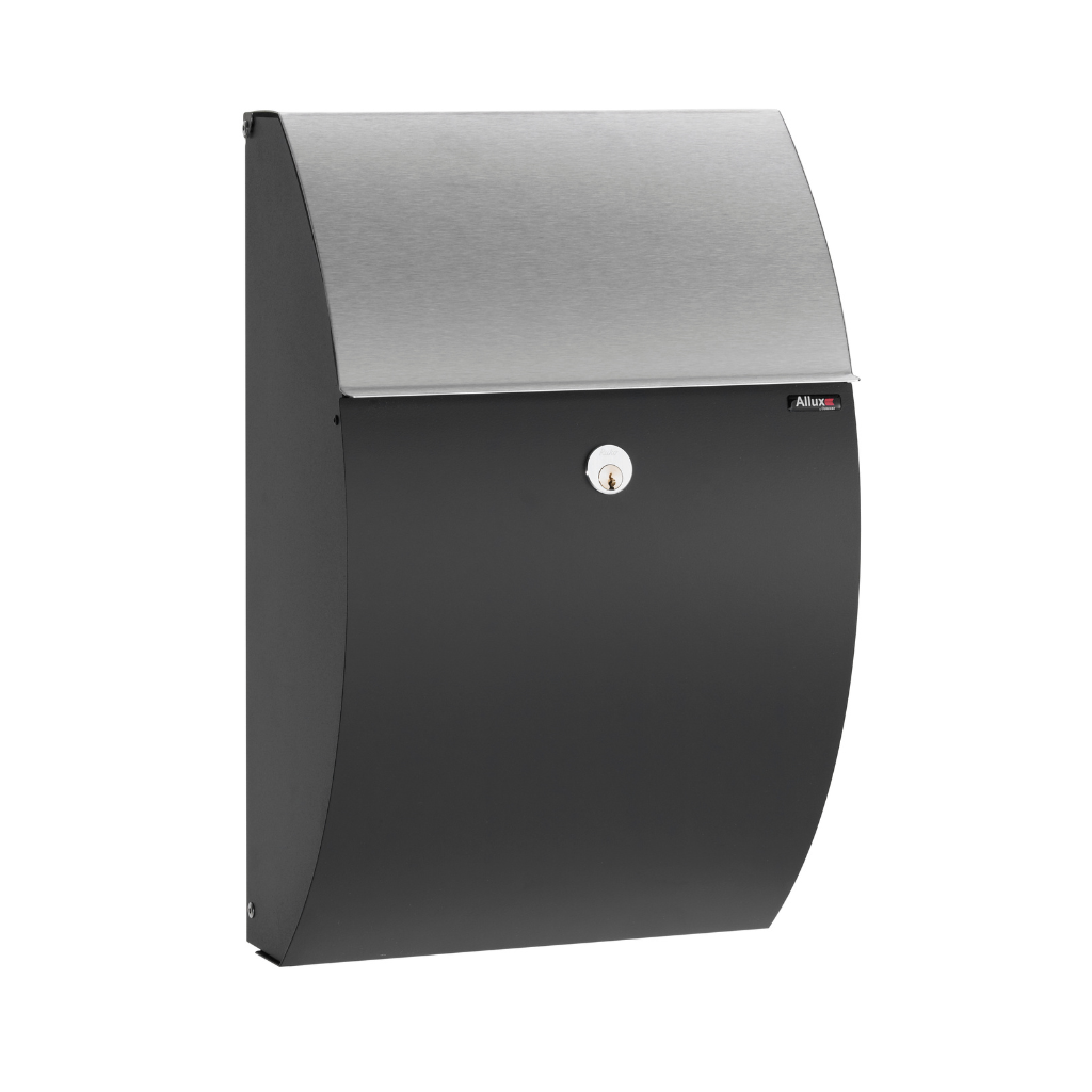 Allux 7000 brievenbus in zwart en inox kleur. Duurzame en weerbestendige buitenbrievenbus van hoogwaardige kwaliteit, met modern ontwerp en ruime capaciteit voor brieven.