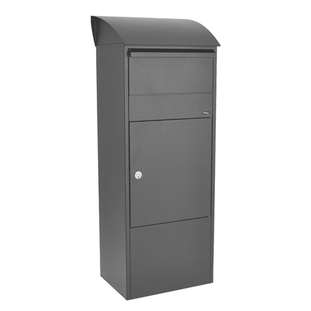 Allux 820 brievenbus in antraciet kleur. Duurzame en weerbestendige buitenbrievenbus van hoogwaardige kwaliteit, met modern ontwerp en ruime capaciteit voor brieven en pakketjes.