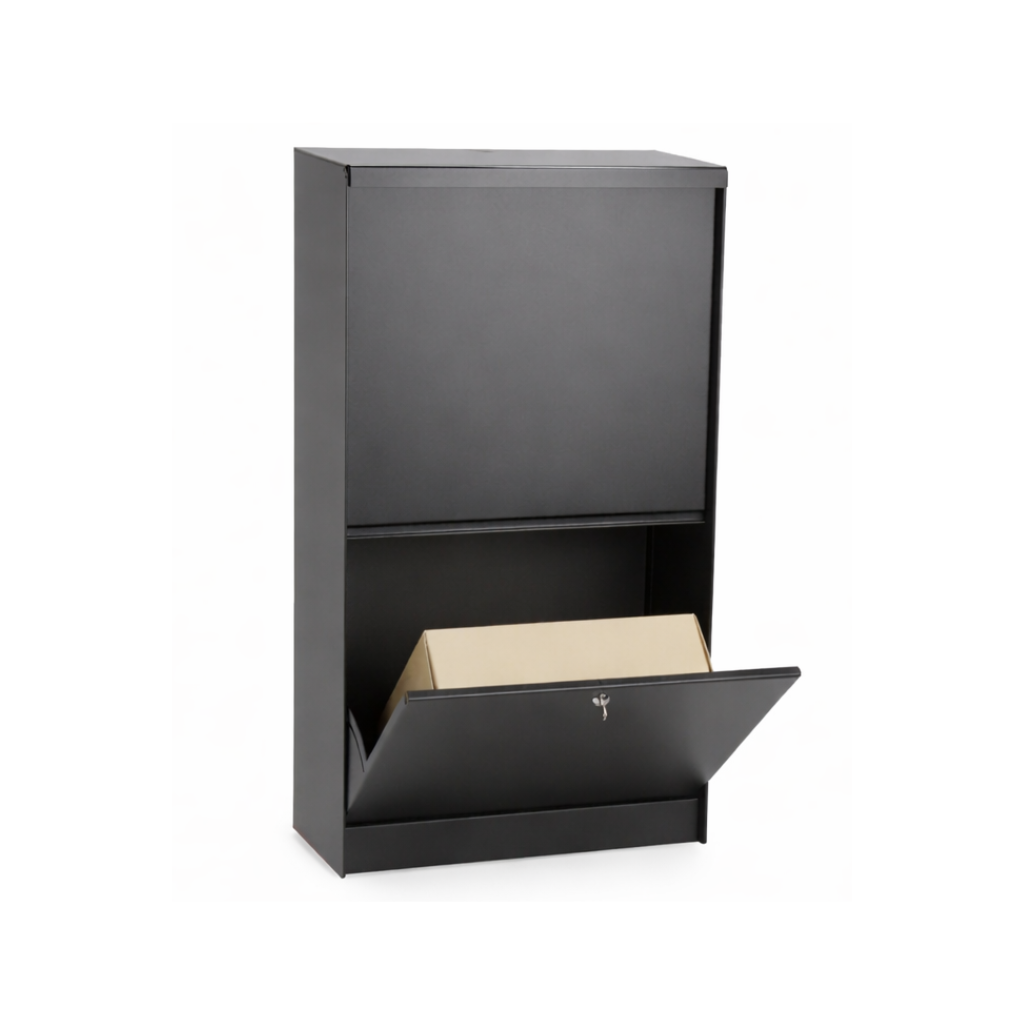 Dropbox Medium Back brievenbus in RAL9005TXT kleur. Duurzame en weerbestendige buitenbrievenbus van hoogwaardige kwaliteit, met modern ontwerp en ruime capaciteit voor brieven en pakketjes.