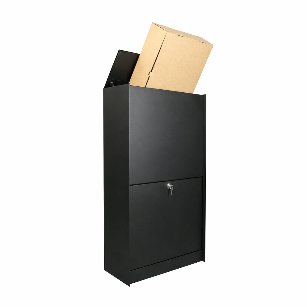 Dropbox Medium Front brievenbus in RAL9005TXT kleur. Duurzame en weerbestendige buitenbrievenbus van hoogwaardige kwaliteit, met modern ontwerp en ruime capaciteit voor brieven en pakketjes.